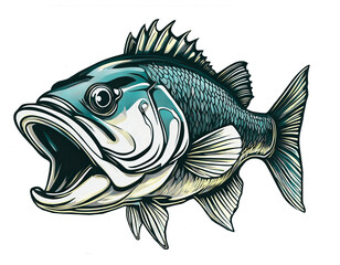 Pseudo vector illustration of American largemouth bass blue isolate on white background PNG.