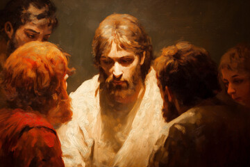 Jesus meeting with His disciples: Jesus appearing to His disciples after the resurrection, such as in the scene of “Doubting Thomas.”