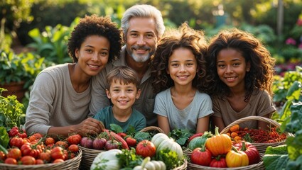 Happy multiracial family smiles proudly beside their bountiful harvest of colorful vegetables. A heartwarming scene of family unity and healthy living.