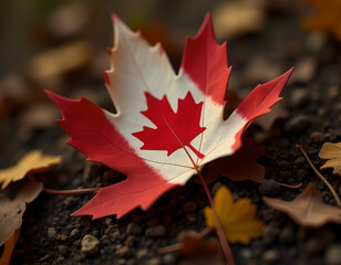 Fototapeta premium Hermosa hoja de árbol de Arce pintada con los colores de la bandera Canadiense caída sobre una cama de hojas secas.