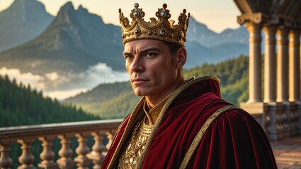 A portrait of a Caucasian man, regal in his crimson robe and golden crown, stands overlooking a breathtaking mountain vista. His expression is serious, hinting at power and responsibility.