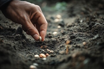 Close-up of a hand planting seeds in dark soil, a concept for agriculture, farming, and environmental conservation