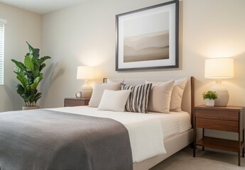 Neutral Modern Bedroom Interior Design with Beige Walls and Gray Bedding