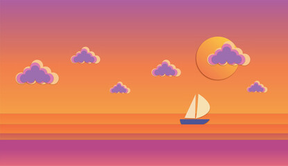 Minimalist paper cutout illustration of a sailboat sailing on a calm sea during a vibrant sunset with stylized purple clouds