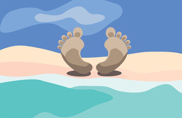 Cartoon feet resting on a beach with ocean waves in the background