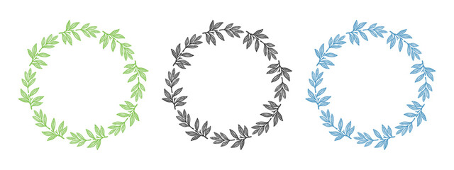 Fototapeta premium Set of laurel wreath circle frames in green, black and blue colors. Flat botanical leaf design for decorative use, vintage style, and elegant vector compositions. 