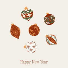 Сollection of Christmas balls. Cute hanging decorations. Design for present card. Happy New Year. Merry Christmas. Hand drawn vector design