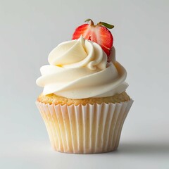 A single cupcake with white frosting and a strawberry slice against a light gray background plain view