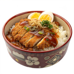 Whole single bowl of hearty katsudon isolated on a transparent background