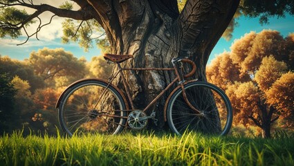 Fototapeta premium Rustic bicycle leaning against a tree in a park. Warm autumnal colors, peaceful scene.