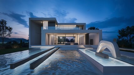 Modern house with pool at twilight featuring minimalist design and architectural lighting elements visible
