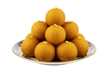 Laddu sweets pile isolated on transparent background on a plate