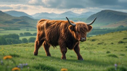 Majestic Highland cow standing in a lush green field, mountains in the background. A stunning display of nature's beauty.