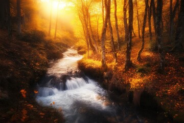 Obraz premium Golden autumn stream flows through a forest Sunlight filters through the trees, highlighting the vibrant fall foliage A small waterfall cascades down rocks
