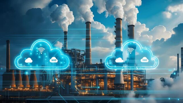 Industrial factory with smoke stacks emitting clouds behind digital cloud computing icons and futuristic data interface in high-tech overlay

