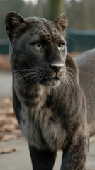 Fototapeta premium Elegant black panther with striking green eyes rests in sunlit forest environment surrounded by lush foliage