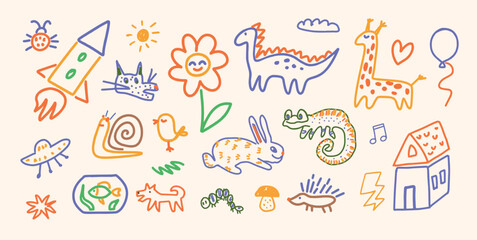 Set of hand-drawn playful Doodles of Rocket, Flower, Dinosaur, Giraffe, Rabbit, Chameleon, Snail. Colorful childish crayon drawing. Vector illustration.