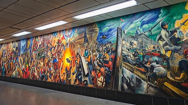 Vibrant mural depicting historical struggle and unity