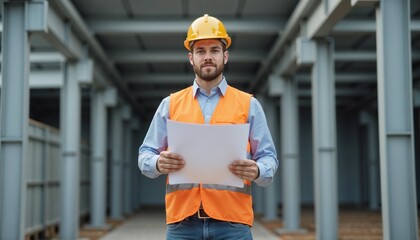 Engineer in safety vest holding blueprint near metal structure