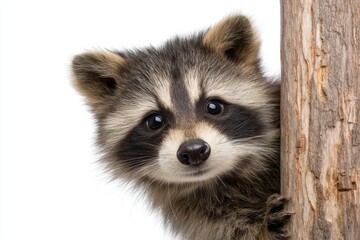 Obraz premium Sly raccoon peeking curiously from behind a tree trunk in a whimsical pose on a white background