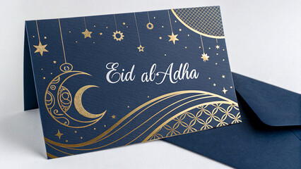 A abstract Eid al-Adha invitation card with gold foil, crescent and stars