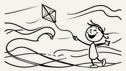 Boy Flying a Kite: Simple Line Art Illustration