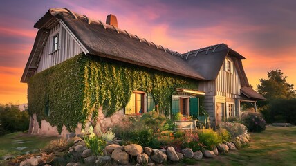Thatched roof cottage with ivy covered wall and vibrant sunset sky in the background scenery outdoors