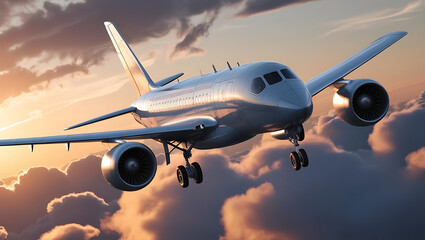 Fototapeta premium Passenger Airplane Ascending Through Cloudscape at Sunset