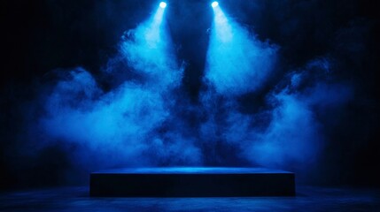 Dark stage with blue spotlights and smoke