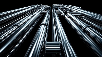 High-angle view of a complex network of pipes and valves, representing industrial engineering - manufacturing plant control