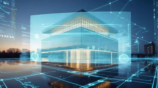 Modern glass building merged with digital holographic architectural interface featuring grids, lines, and futuristic data overlays at dusk

