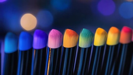 Professional makeup brushes showing rainbow colors with bokeh effect in background - Powered by Adobe