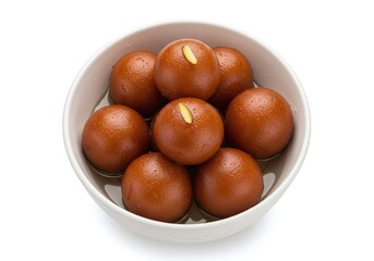 Gulab jamun dessert in a white bowl, topped with pistachios isolated on white background