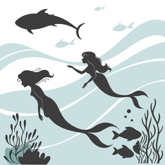 "Whimsical Mermaid Silhouette Vector Collection with Magical Sea Creatures and Ocean Fantasy Elements"