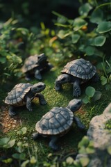 Fototapeta premium Four adorable turtles exploring a lush green habitat surrounded by nature.