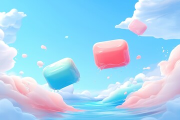 Floating pastel cubes in a dreamy cloud landscape