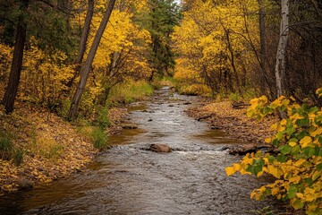 Autumnal creek flowing through a vibrant yellow forest  Fallen leaves carpet the banks, the water reflecting the surrounding foliage