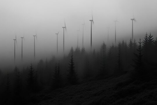 Foggy mountainside with wind turbines Dark silhouettes of towering pines and windmills emerge from a thick, low-lying fog, suggesting a tranquil, atmospheric landscape