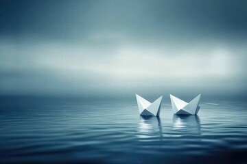 Two paper boats adrift on a still sea