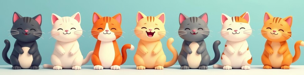 Fototapeta premium Adorable feline characters in various positions behind cartoon cat bottoms in a seamless design, animals, background, funny