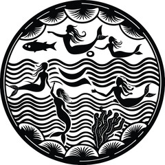 "Whimsical Mermaid Silhouette Vector Collection with Magical Sea Creatures and Ocean Fantasy Elements"