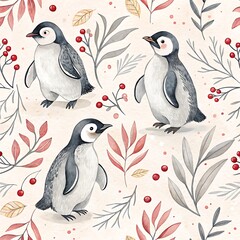 Naklejka premium Watercolor illustration featuring three penguins with leaves and berries on a light background