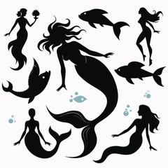 "Whimsical Mermaid Silhouette Vector Collection with Magical Sea Creatures and Ocean Fantasy Elements"