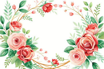 Elegant floral frame with red and pink roses for wedding invitations or greeting cards.