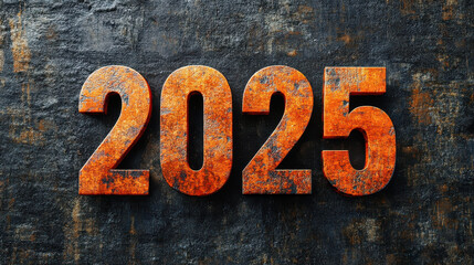 Fototapeta premium Year 2025: The year 2025, rendered in textured metallic digits, set against a rugged, dark stone background. This image captures a sense of anticipation and forward-thinking.