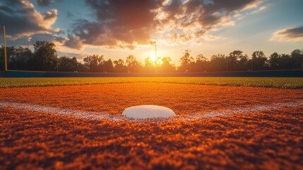 Breathtaking sunset over a baseball field, highlighting home plate in vibrant orange tones.