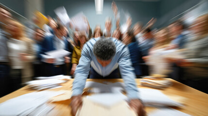 Overwhelmed businessman surrounded by busy office crowd in motion blur