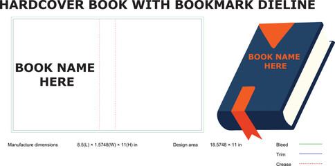 Hardcover Book with Bookmark Dieline Template for Publishing and Design Projects