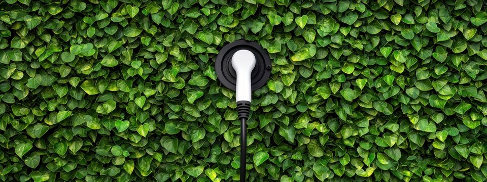Electric Vehicle Charger Plugged Into Green Leafy Wall Background