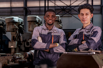 Two confident industrial technicians standing in a machine workshop with arms crossed. Teamwork, skilled labor, engineering, manufacturing, and industrial pride.